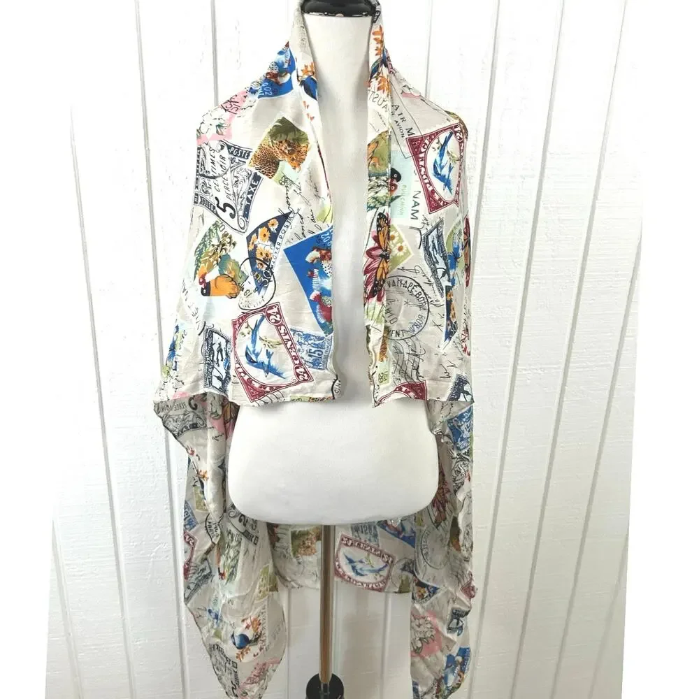 Vintage Postage Stamp Bird Butterfly Travel Print Oblong Scarf Wrap Shawl